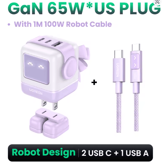 UGREEN 65W Robot PURPLE , Carga Rapida, PD3.0, 2 USB C + 1USB A